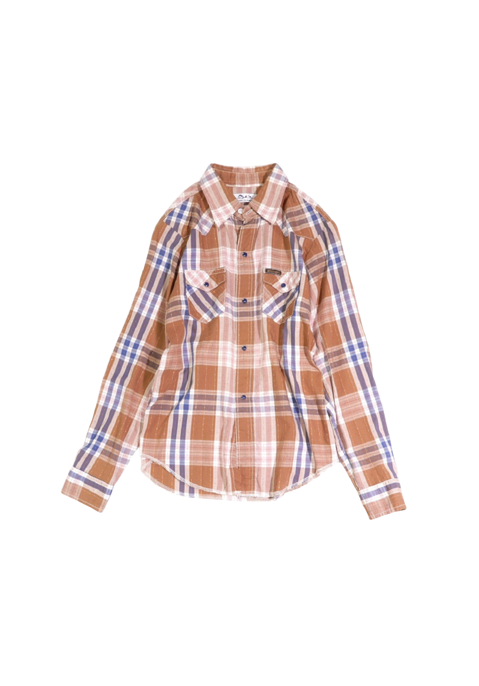 A plaid shirt in shades of orange, brown, beige, and blue, featuring two chest pockets and button closures.