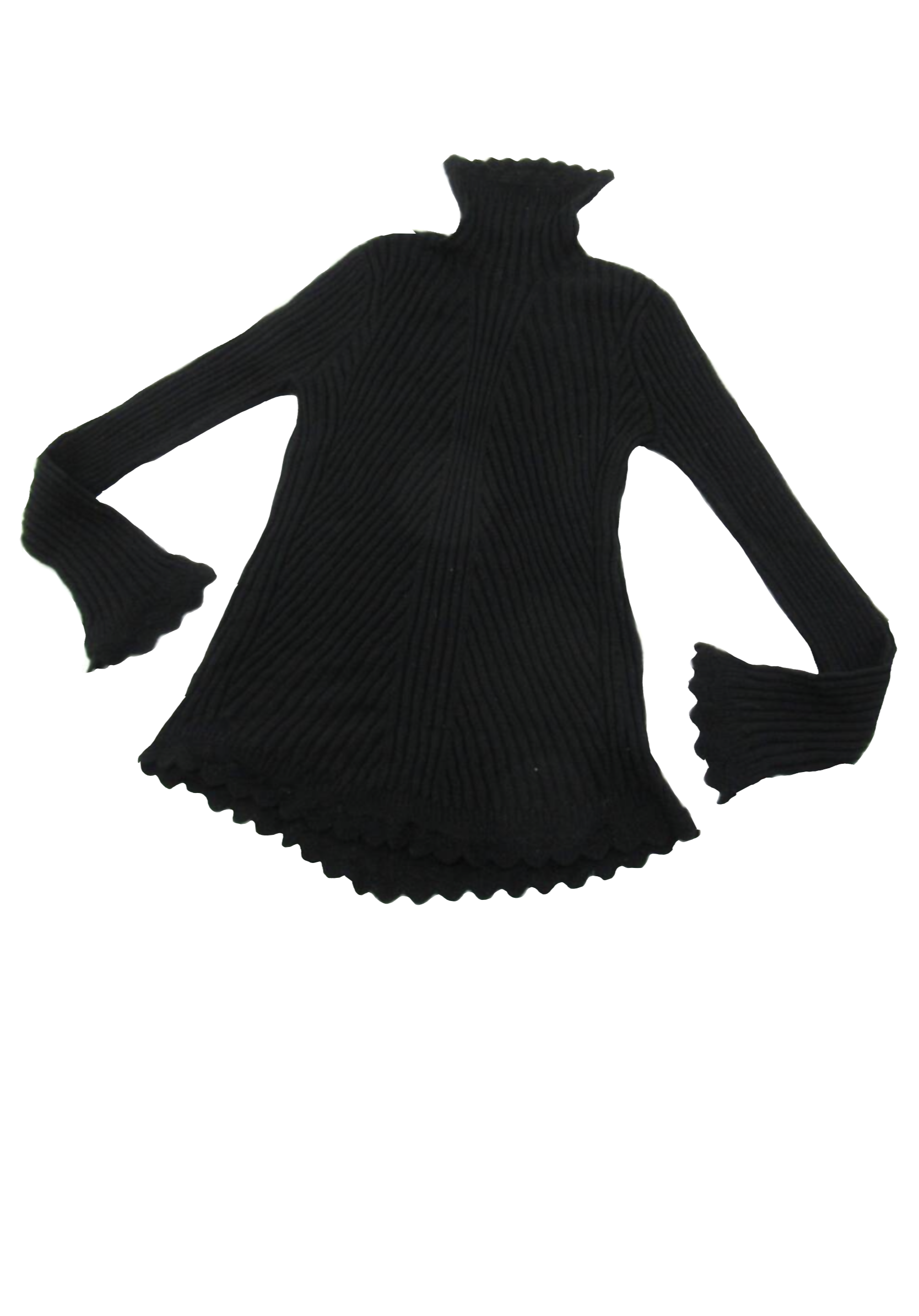 Black turtleneck sweater displayed on a mannequin with arms akimbo against a plain background.