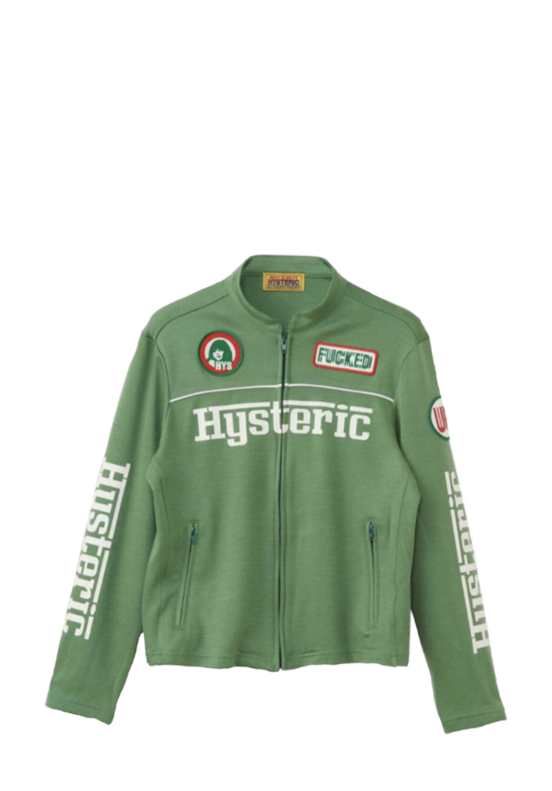 Green zip-up jacket with patches and text.