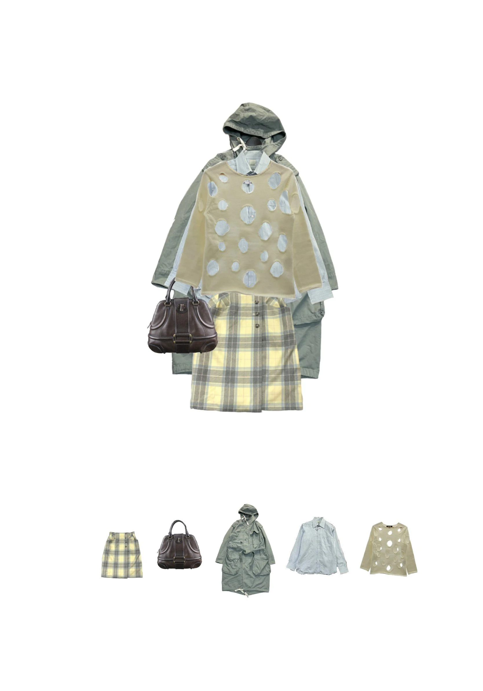 A collage of various clothing items, including a gray hooded jacket, a beige sweater with large circular cutouts, a yellow plaid skirt, a brown handbag, and a white blouse, arranged on a white background.