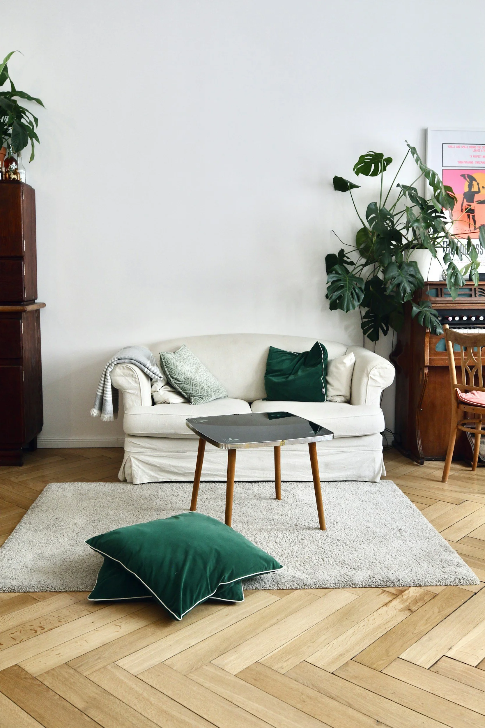 Salon avec un canapé blanc, coussins verts, tapis beige, plantes vertes, table en bois, et un mur blanc avec un tableau. Sol en parquet.