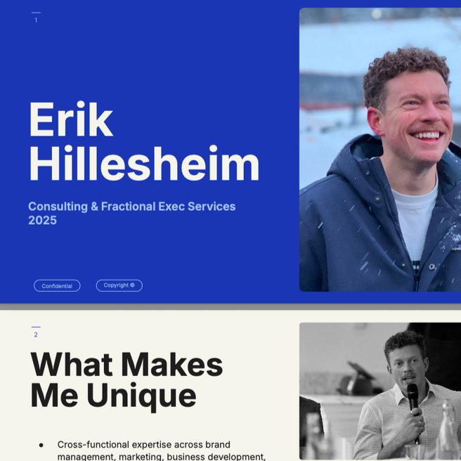 A presentation slide showcasing Erik Hillesheim, a professional providing consulting and fractional executive services in 2025. The slide features his name, a photo of him smiling outdoors in winter, and a section titled 'What Makes Me Unique' with bullet points on his expertise.