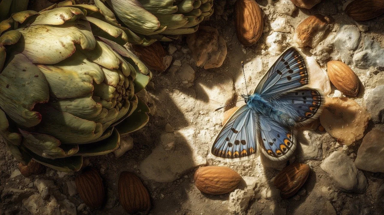 A blue butterfly resting on sandy ground surrounded by rocks, almonds, and an artichoke.