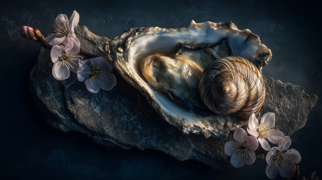 An oyster shell with a pearl inside, surrounded by pink cherry blossoms on a dark surface.