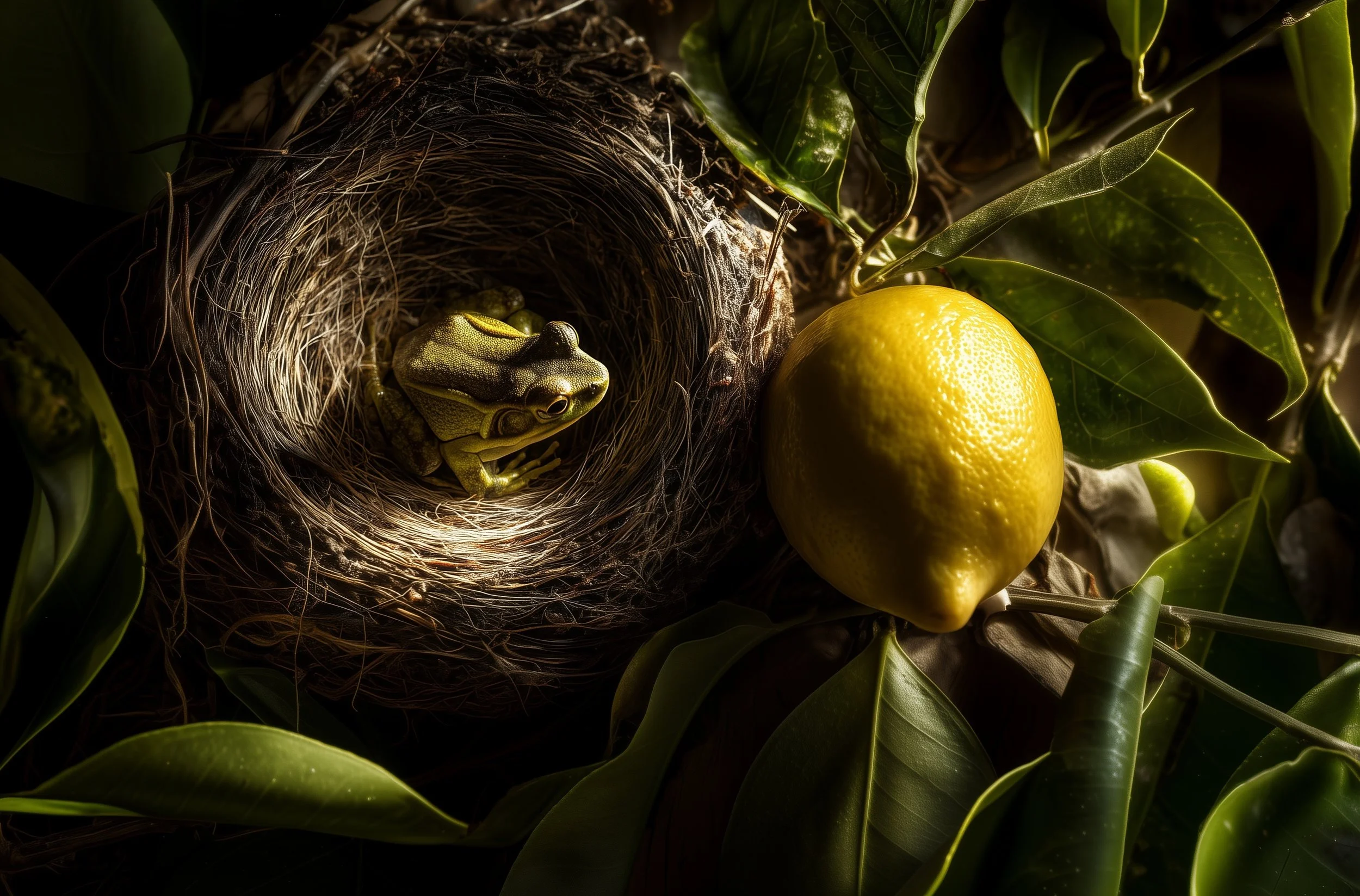 A bird's nest with a frog sitting inside, surrounded by green leaves and a large yellow lemon.