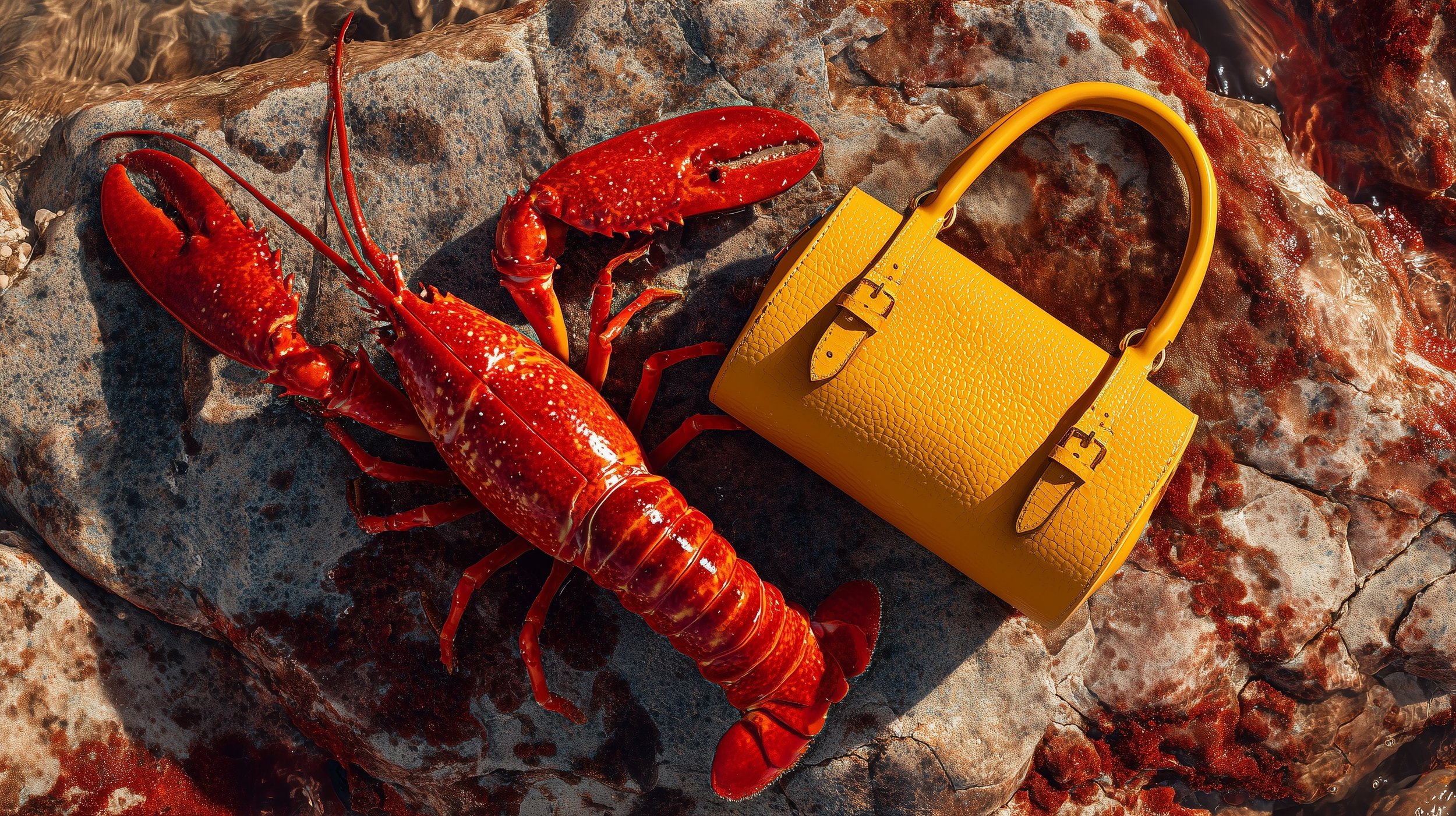 A red lobster and a yellow handbag resting on rocks near water.