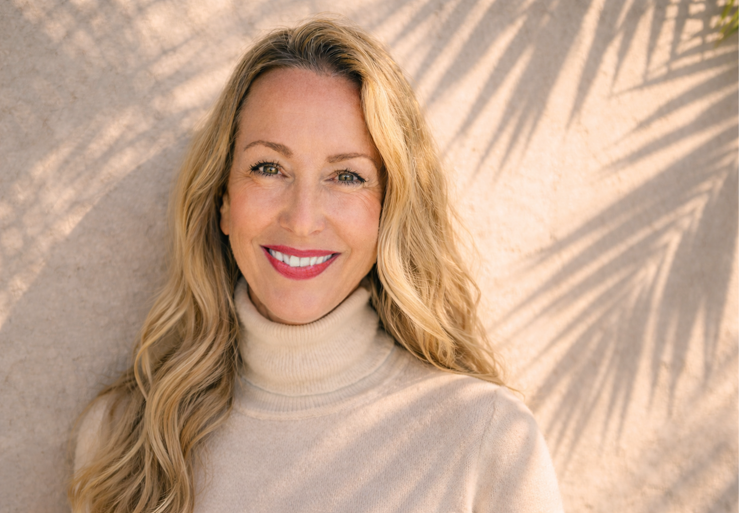 A smiling woman with long, wavy blonde hair and blue eyes wearing a beige turtleneck sweater, standing against a textured beige wall with shadowed palm leaves.