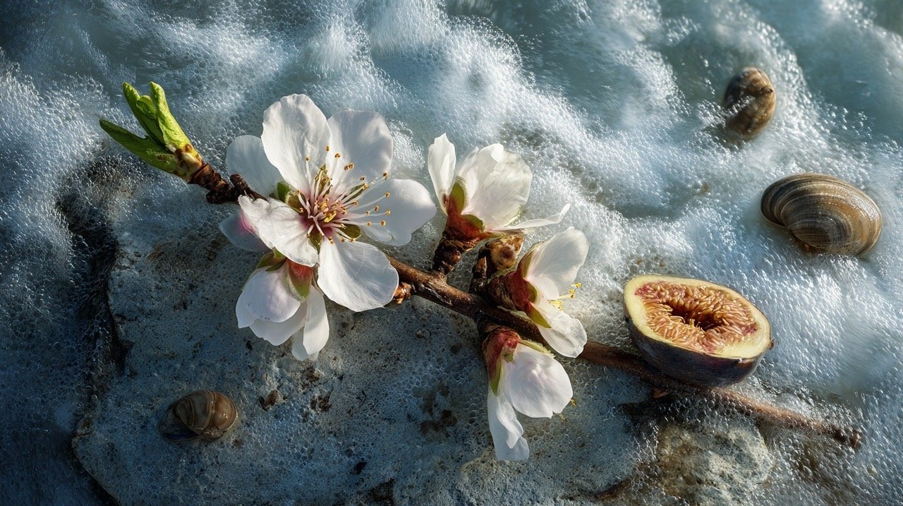 A blooming flower branch resting on sandy beach with seashells and a halved fig in the foamy surf.