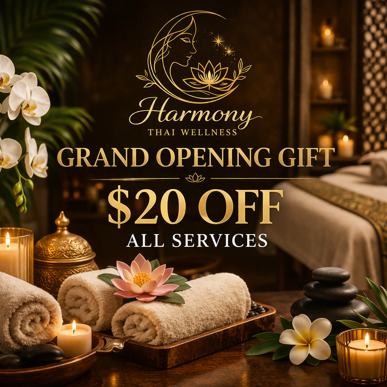 Spa room with towels, candles, flowers, rocks, and decoration, promoting grand opening special of $20 off all services at Harmony Thai Wellness.