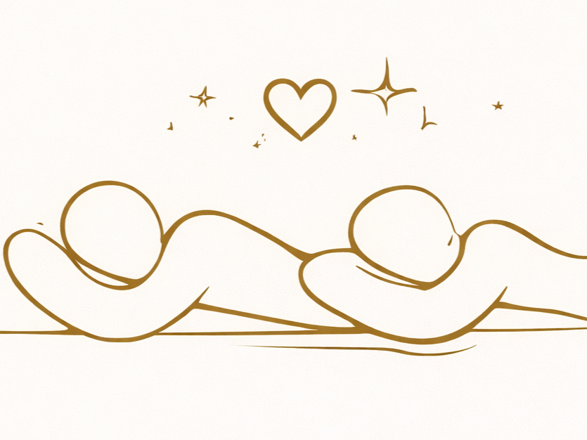 Line drawing of two figures lying side by side, with a heart and stars above them.