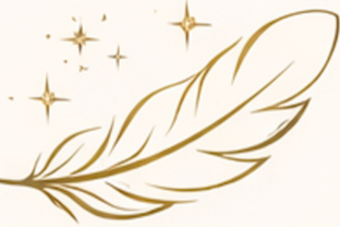 Golden feather with sparkling stars on a white background.