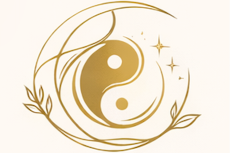 Gold yin-yang symbol surrounded by decorative lines, leaves, and stars.
