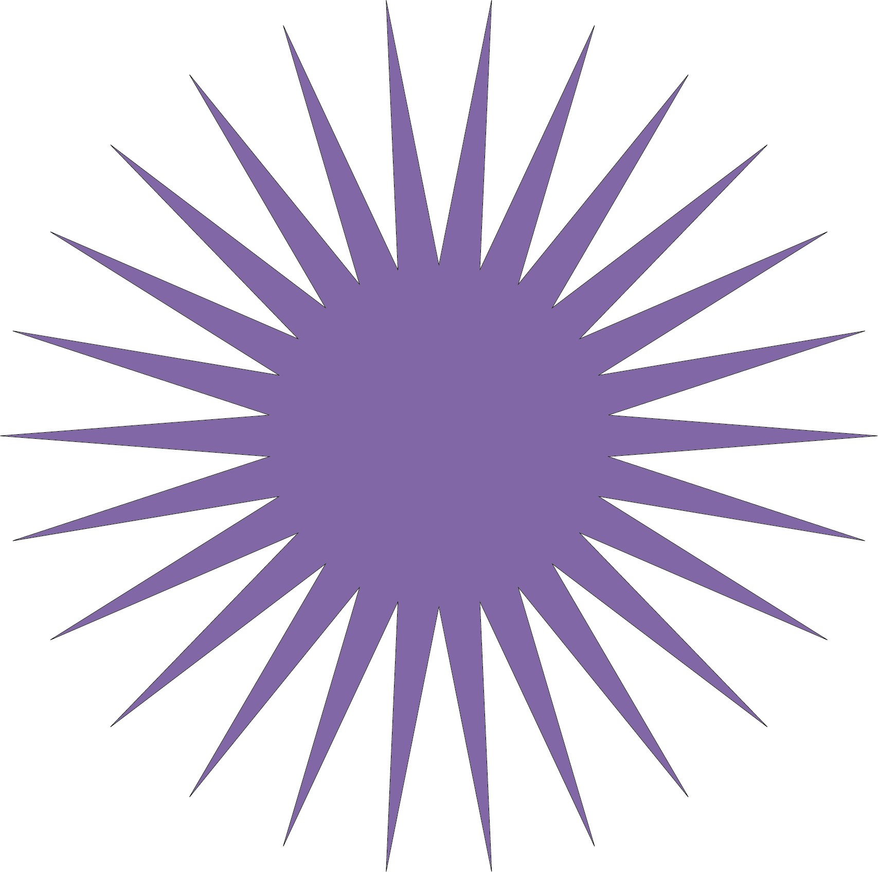 Forma geometrica viola con centro circolare e raggi appuntiti su sfondo trasparente.