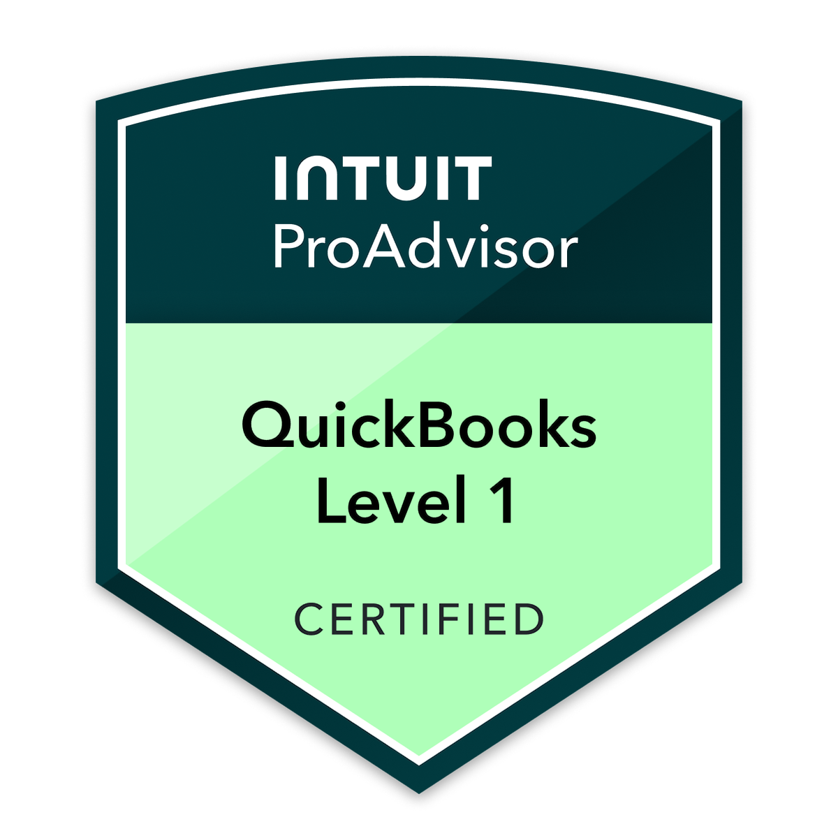 QuickBooks Online Level 1 Certified ProAdvisor badge showing Intuit certification in bookkeeping and accounting services