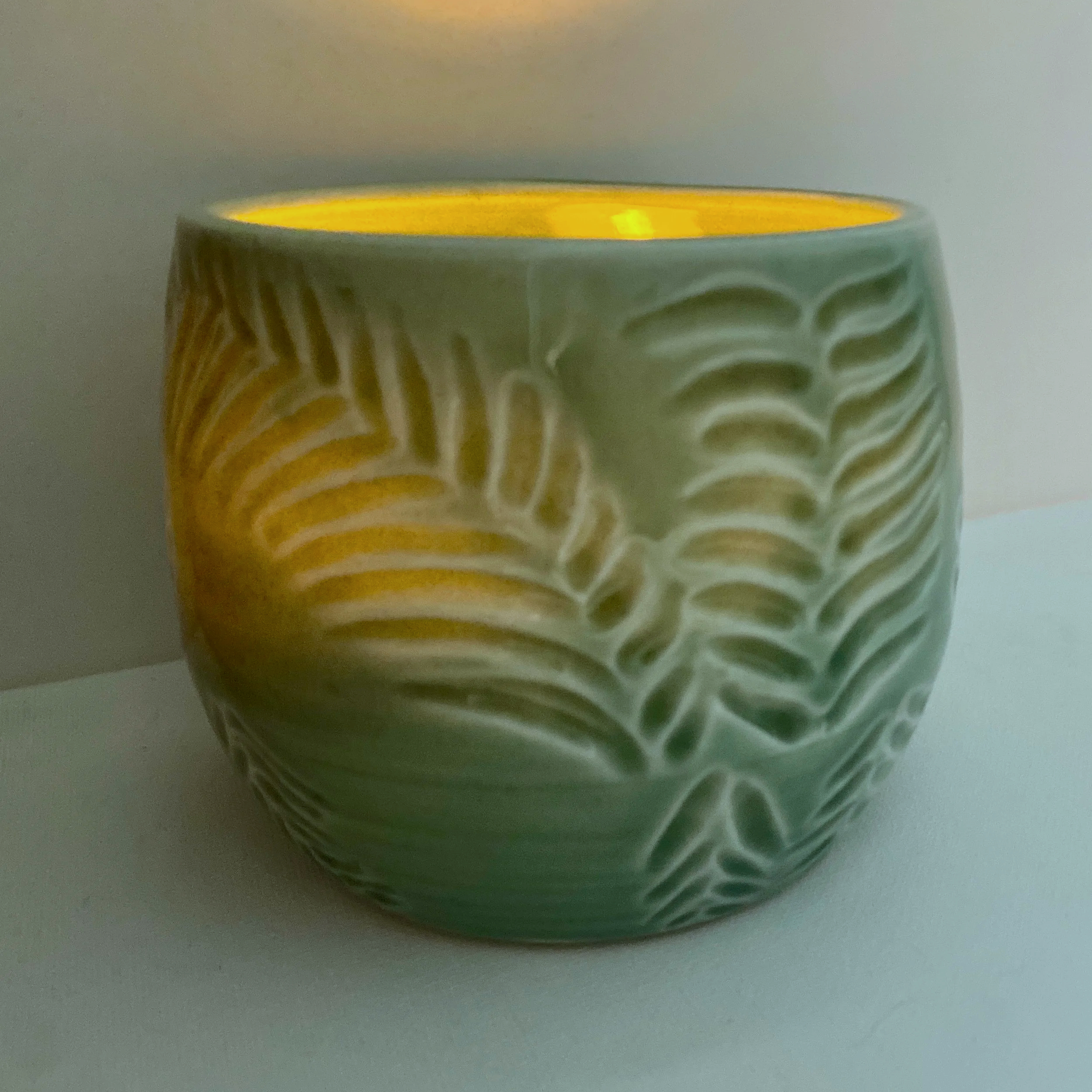 view 1 of green fern carved candle dish