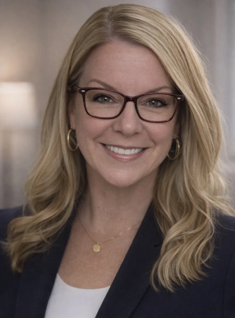 A smiling woman with blonde hair wearing glasses, gold hoop earrings, a gold necklace, and a dark blazer.
