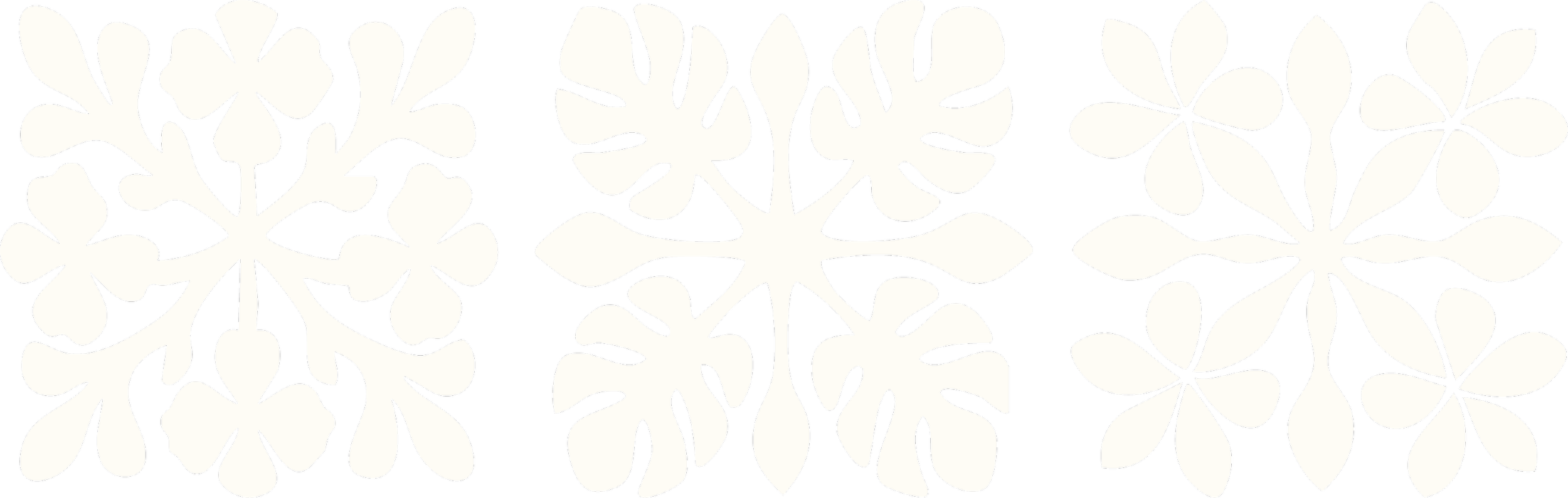 A black and white floral pattern with symmetrical, stylized flower shapes arranged in a row.