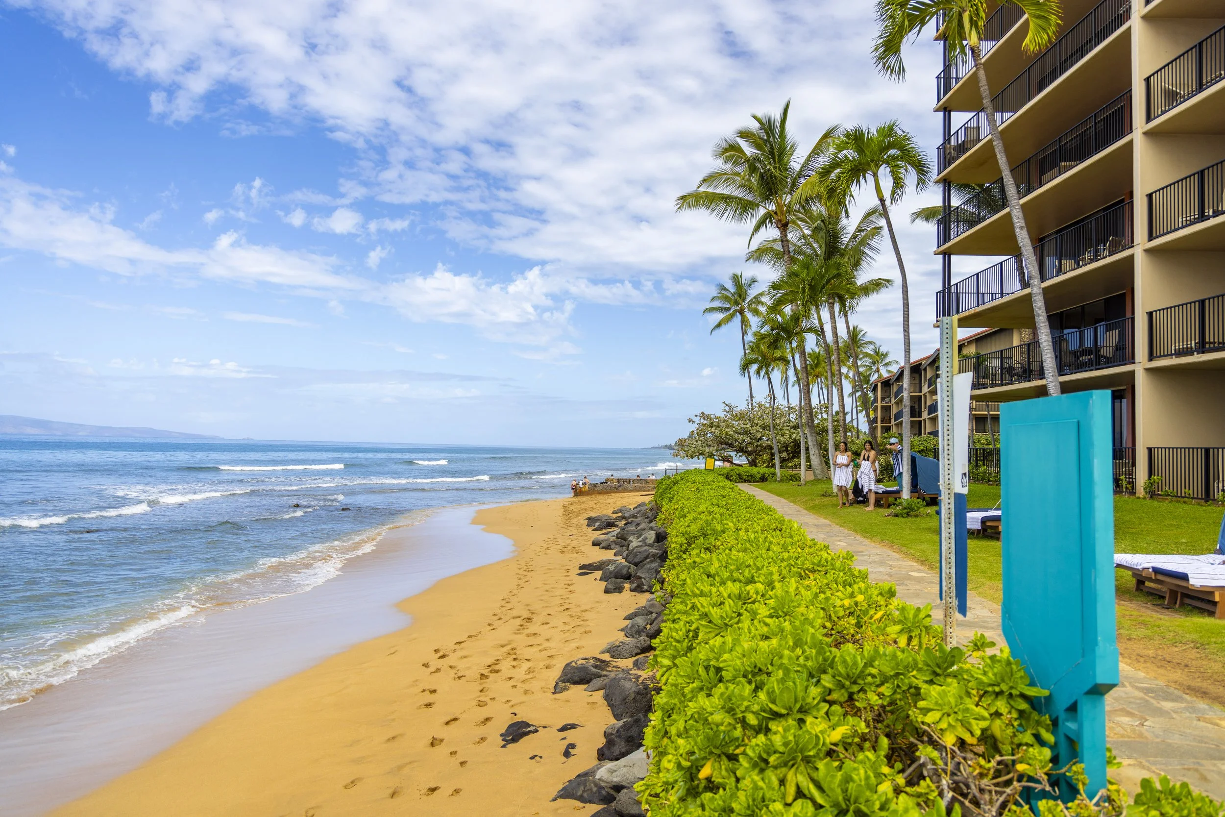 Beachside scene with sandy shoreline, ocean waves, palm trees, a building with balconies, and a group of people walking along a path.