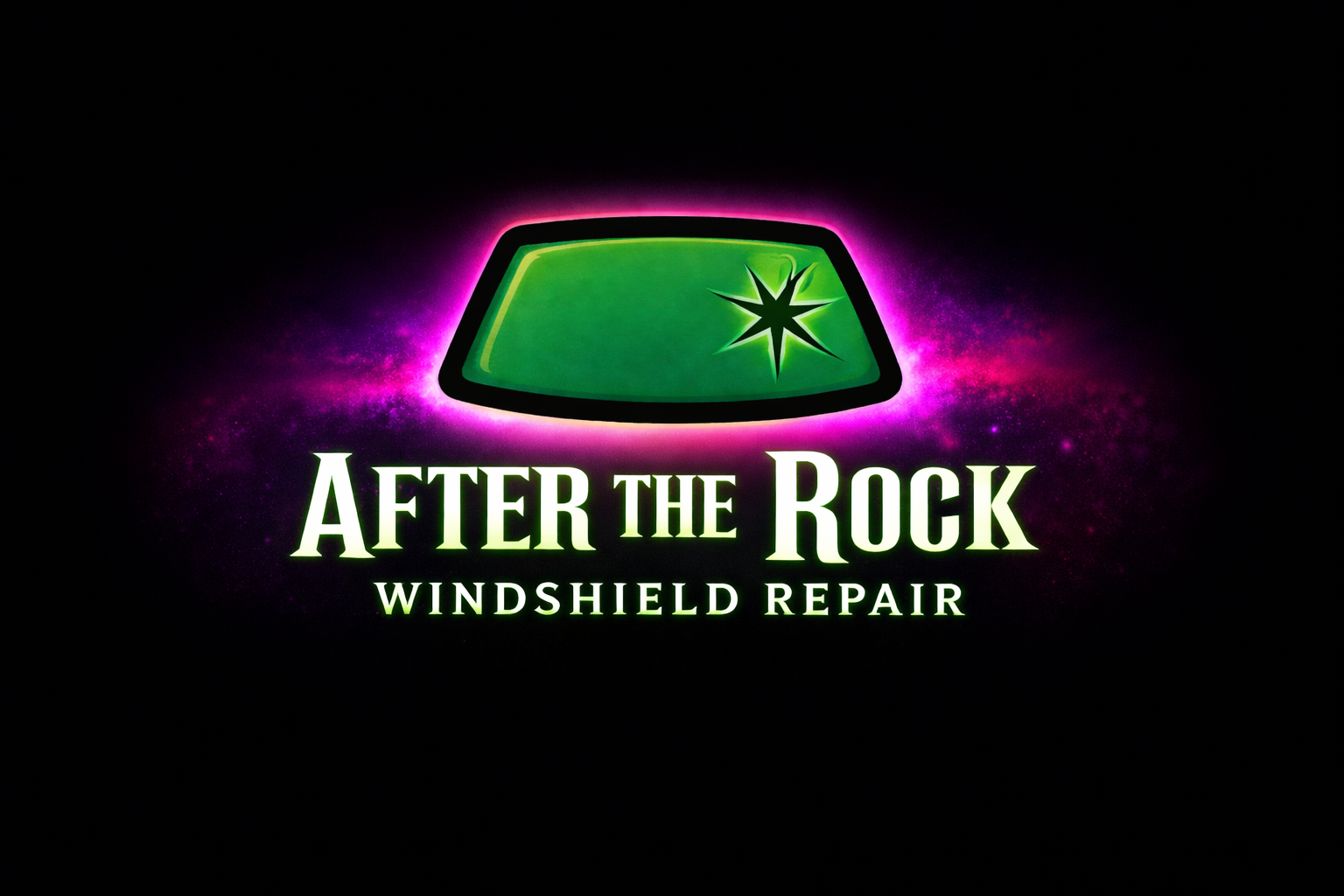 Logo for After the Rock windshield repair featuring a green windshield illustration with a starburst, purple glow, and white text.