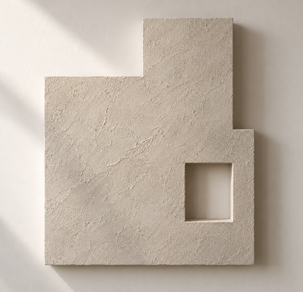 A beige roman clay textured wall art piece in geometric shapes.