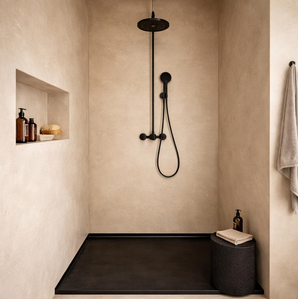 Minimalist beige Tadelakt shower with black fixtures.