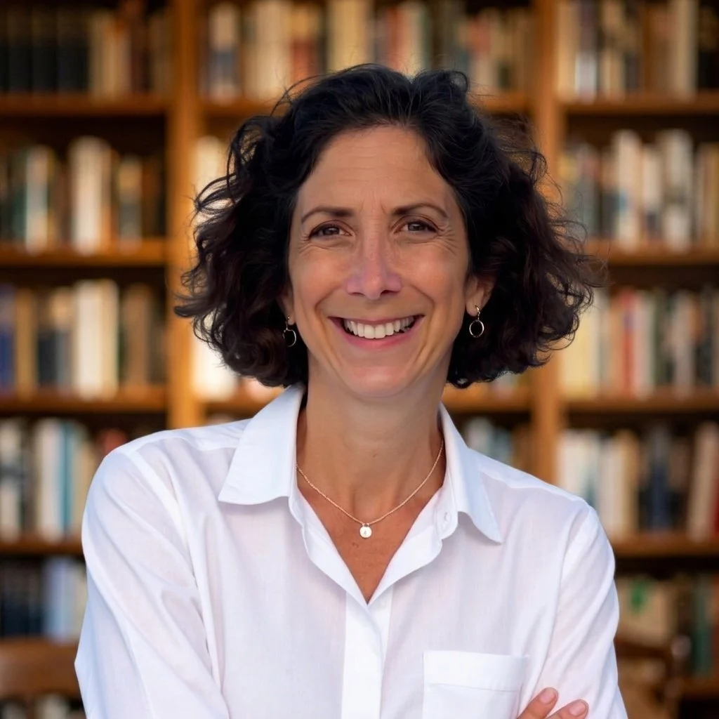 Smiling woman with short curly dark hair, wearing a white shirt and jewelry, standing in front of a bookshelf filled with books.