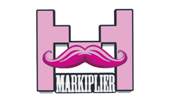 Logo with a pink mustache and the word 'MARKPLIER' beneath it.