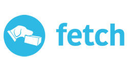 Fetch logo with a blue circular icon featuring a hand holding a bottle