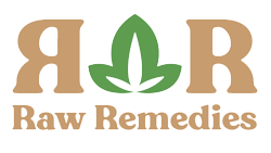 Logo for Raw Remedies featuring stylized letters and a leaf design.