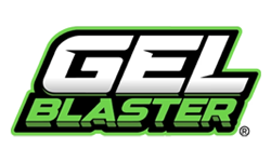 GEL Blaster logo with bold white and green text on a black background