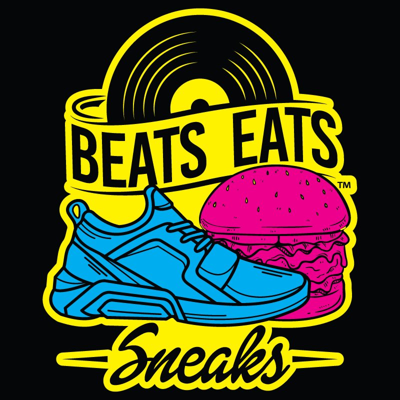 Logo with a vinyl record, a blue sneaker, and a pink burger with the words 'BEATS EATS Sneakers' in yellow and black.