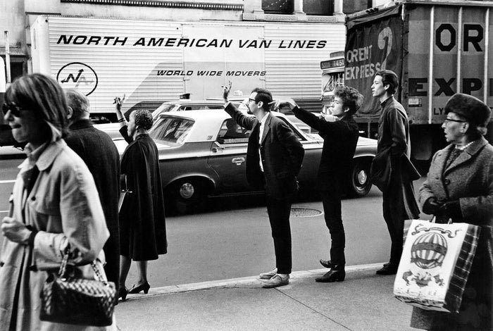 Bob Dylan, Peter Yarrow + John Hammond Jr. Hailing Cab, NYC, 1965