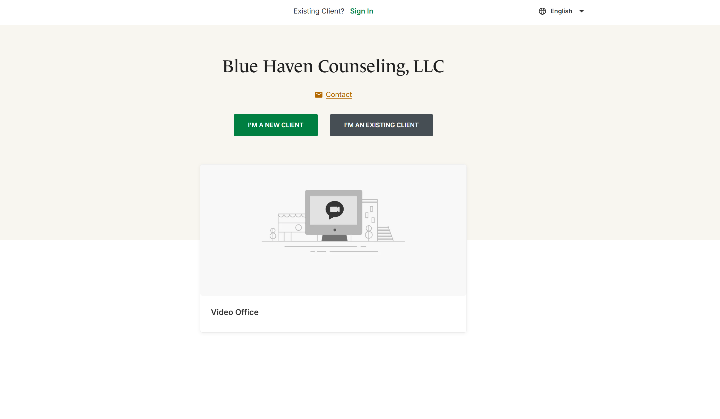 Screenshot of a counseling service website homepage with options for 'I'm a new client' and 'I'm an existing client,' and a section about a video office.