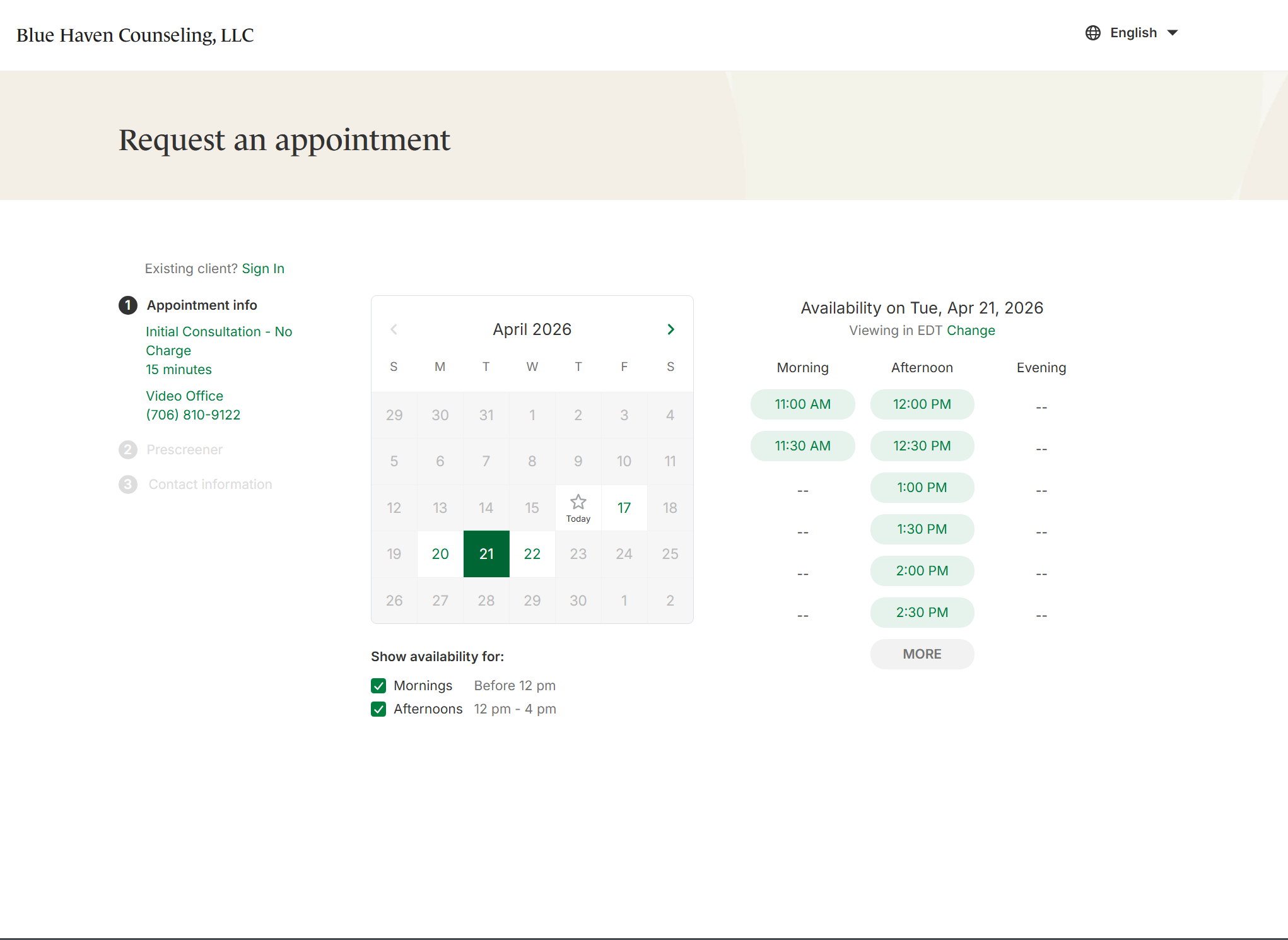 Screenshot of a scheduling webpage for Blue Haven Counseling, LLC, showing available appointment times in April 2026, with options for mornings and afternoons, and details about initial consultation and video office contact.
