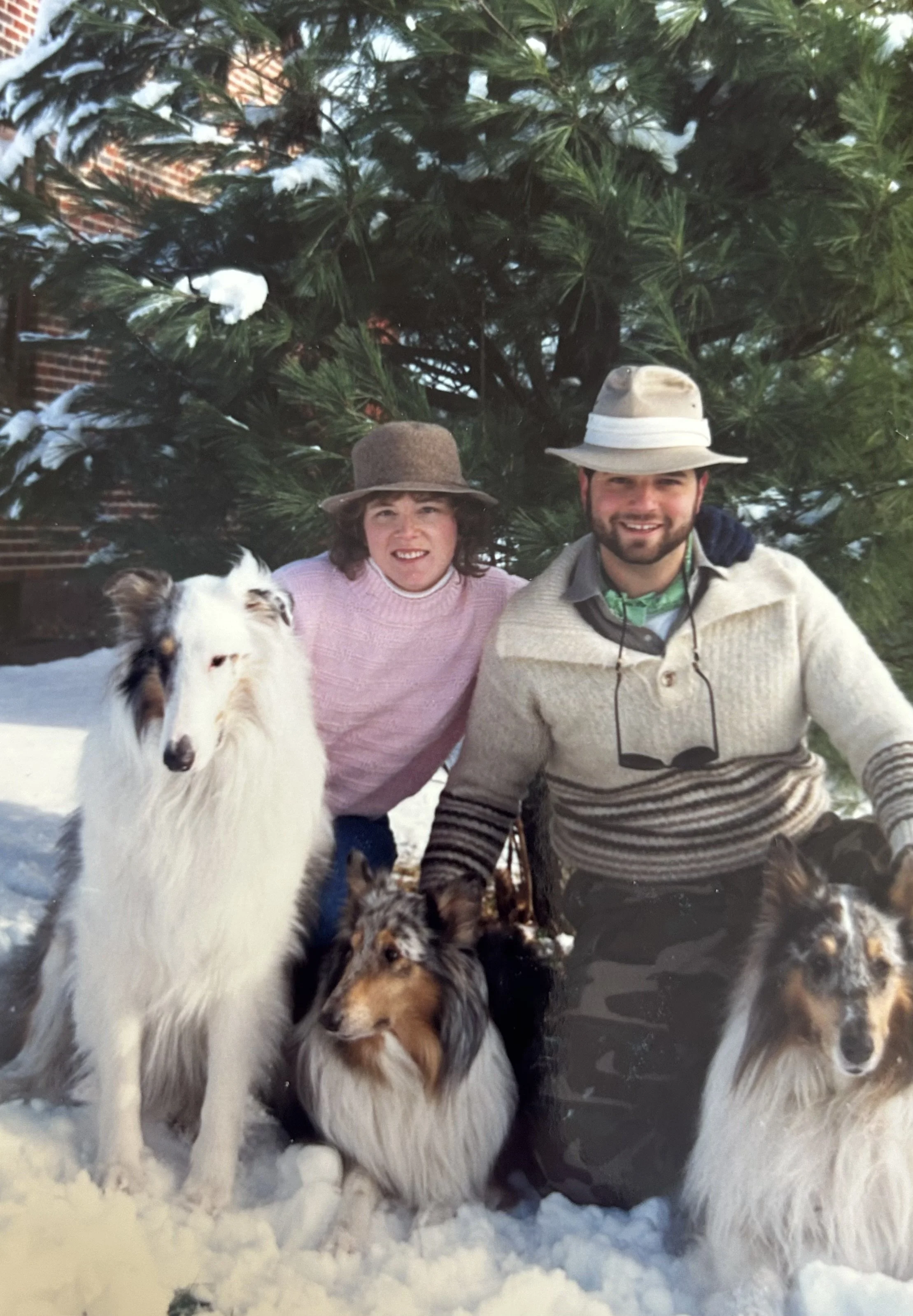 Two people, a woman in a pink sweater and a man in a beige sweater and hat, are outdoors in snowy weather with several dogs, including a large white dog, a tricolor dog, and smaller dogs, in front of a snow-covered evergreen tree.