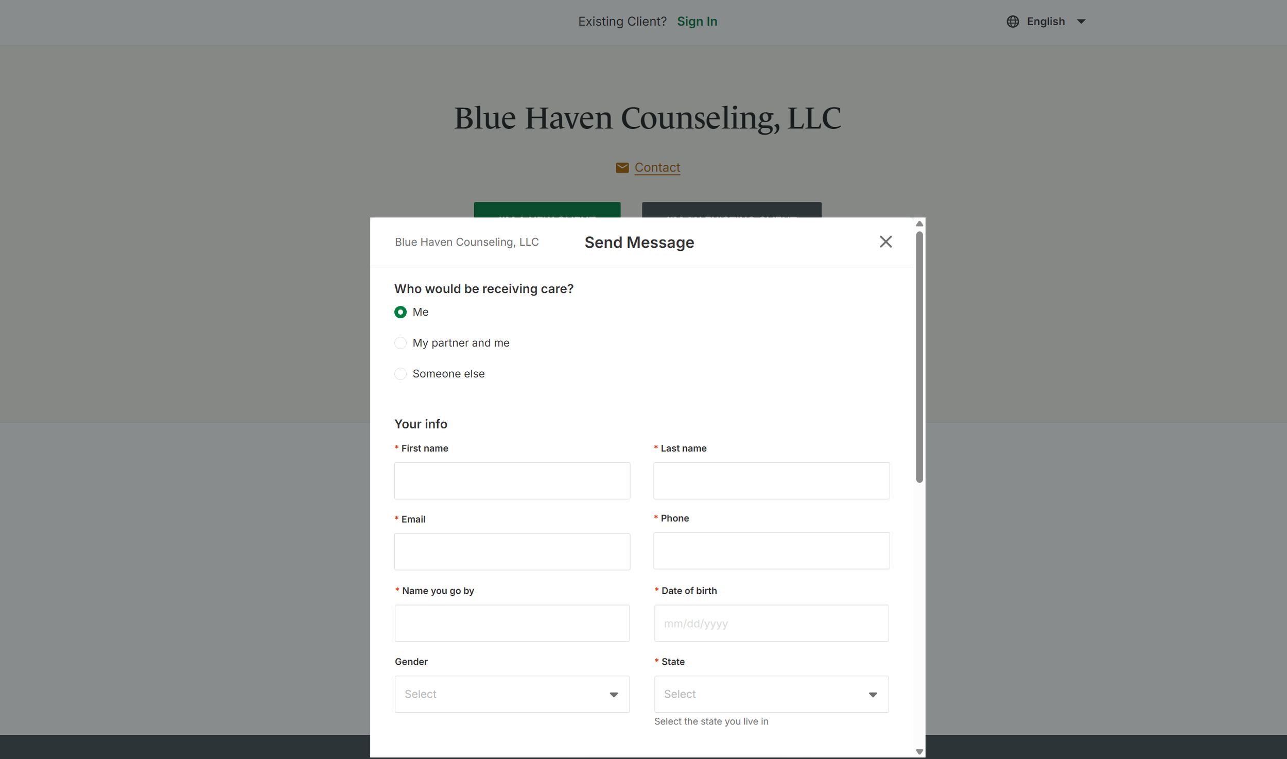 Screenshot of a website for Blue Haven Counseling, LLC. The page shows a contact form titled 'Send Message' with fields for personal information, including first name, last name, email, phone, date of birth, gender, and state, along with options to specify who will receive care.