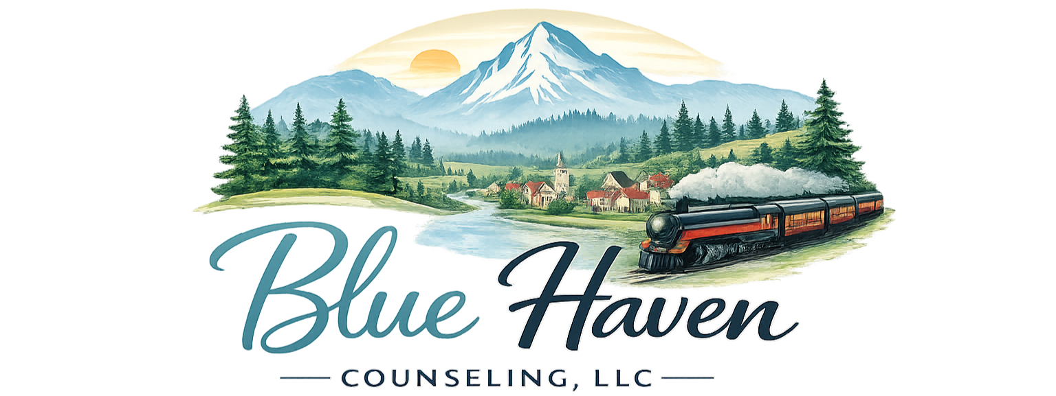 Illustration of a mountainous landscape with a snow-capped mountain, pine trees, a small village, and a steam train traveling along a railway track, featuring the text "Blue Haven Counseling, LLC".