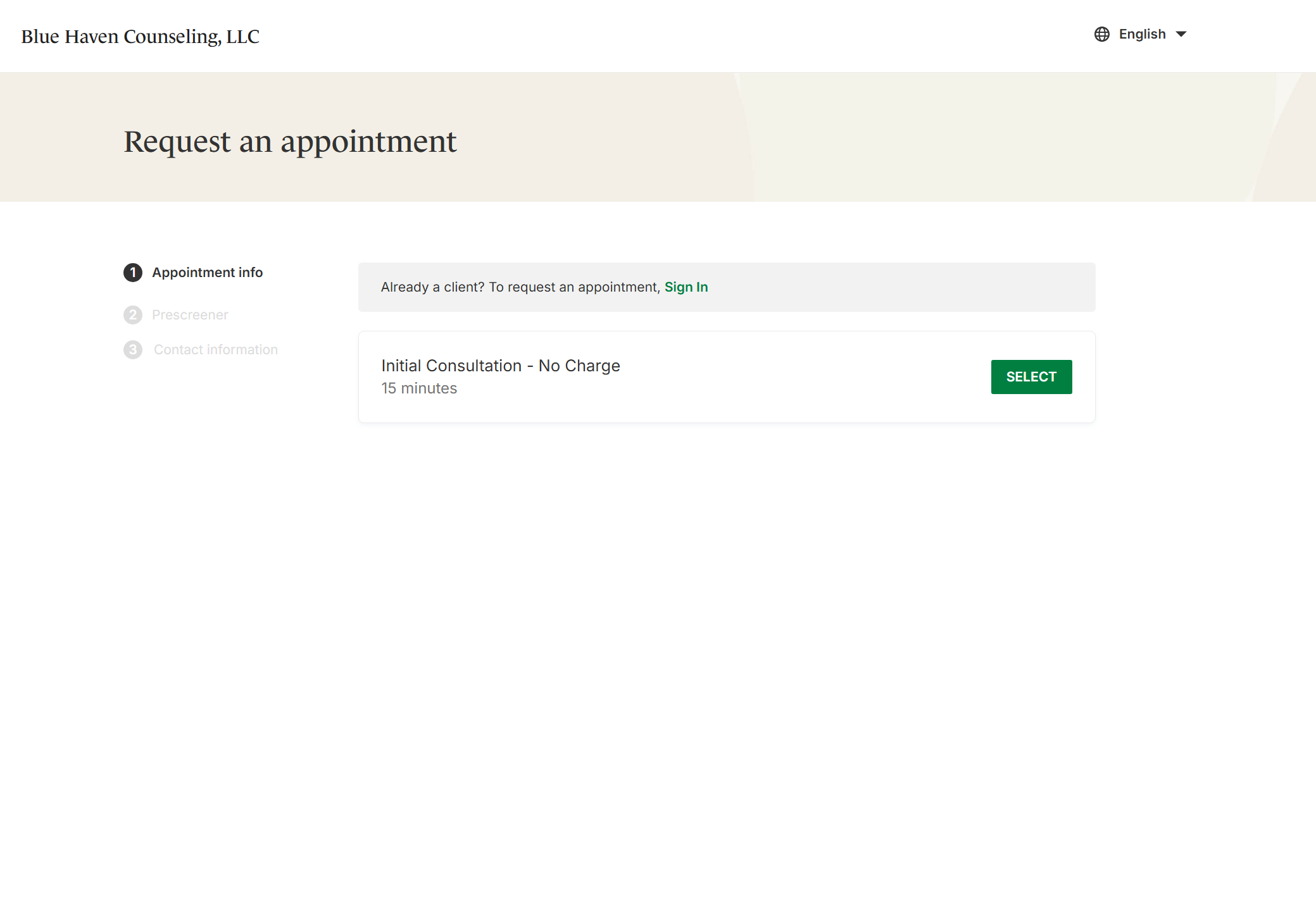 Screenshot of a website titled 'Blue Haven Counseling, LLC' with a 'Request an appointment' section, including an option to sign in and a green 'SELECT' button for a free initial consultation.