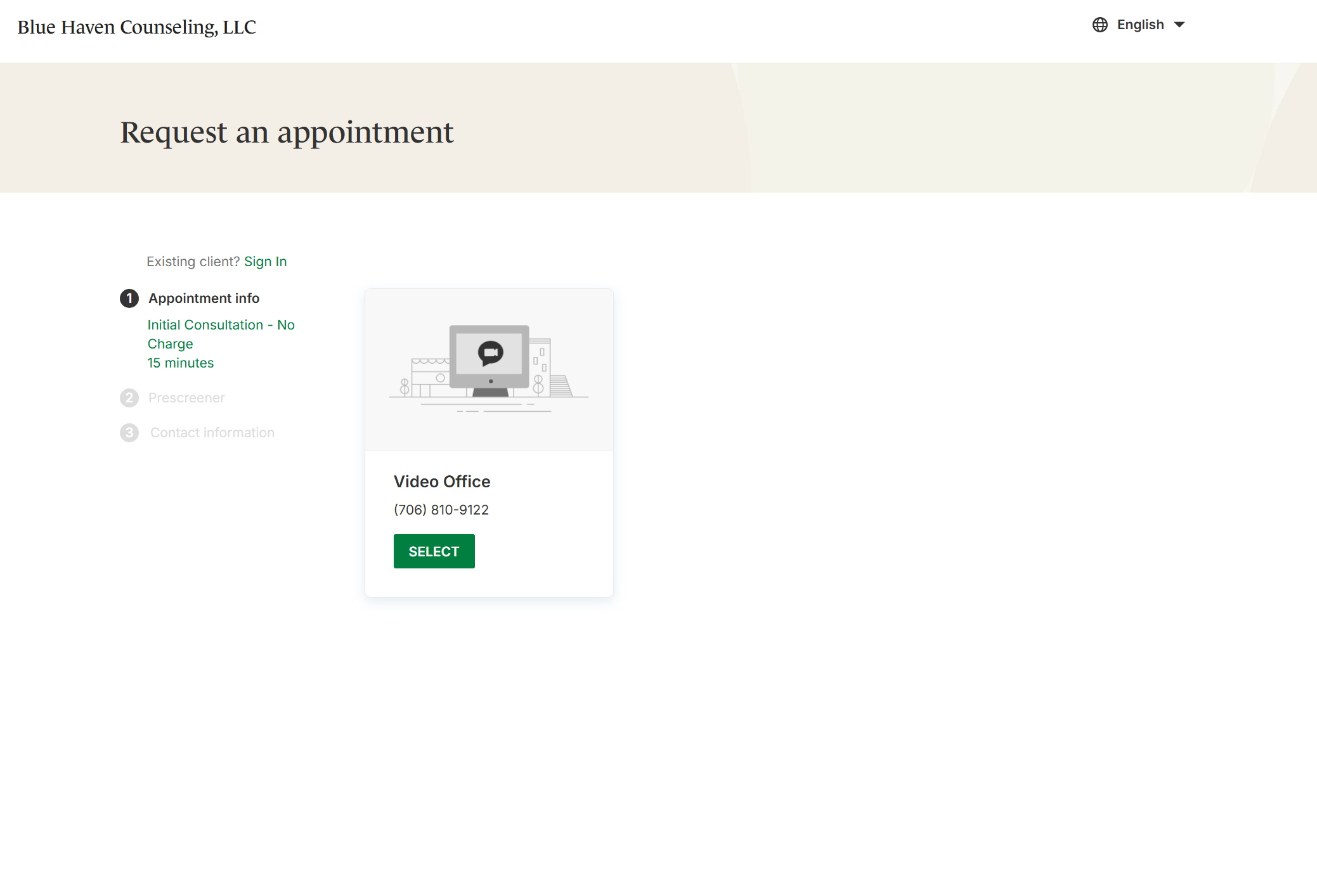 Screenshot of a website for Blue Haven Counseling, LLC with a request an appointment page, showing appointment info, prescriber, and contact information sections, and a video office contact card with a phone number.