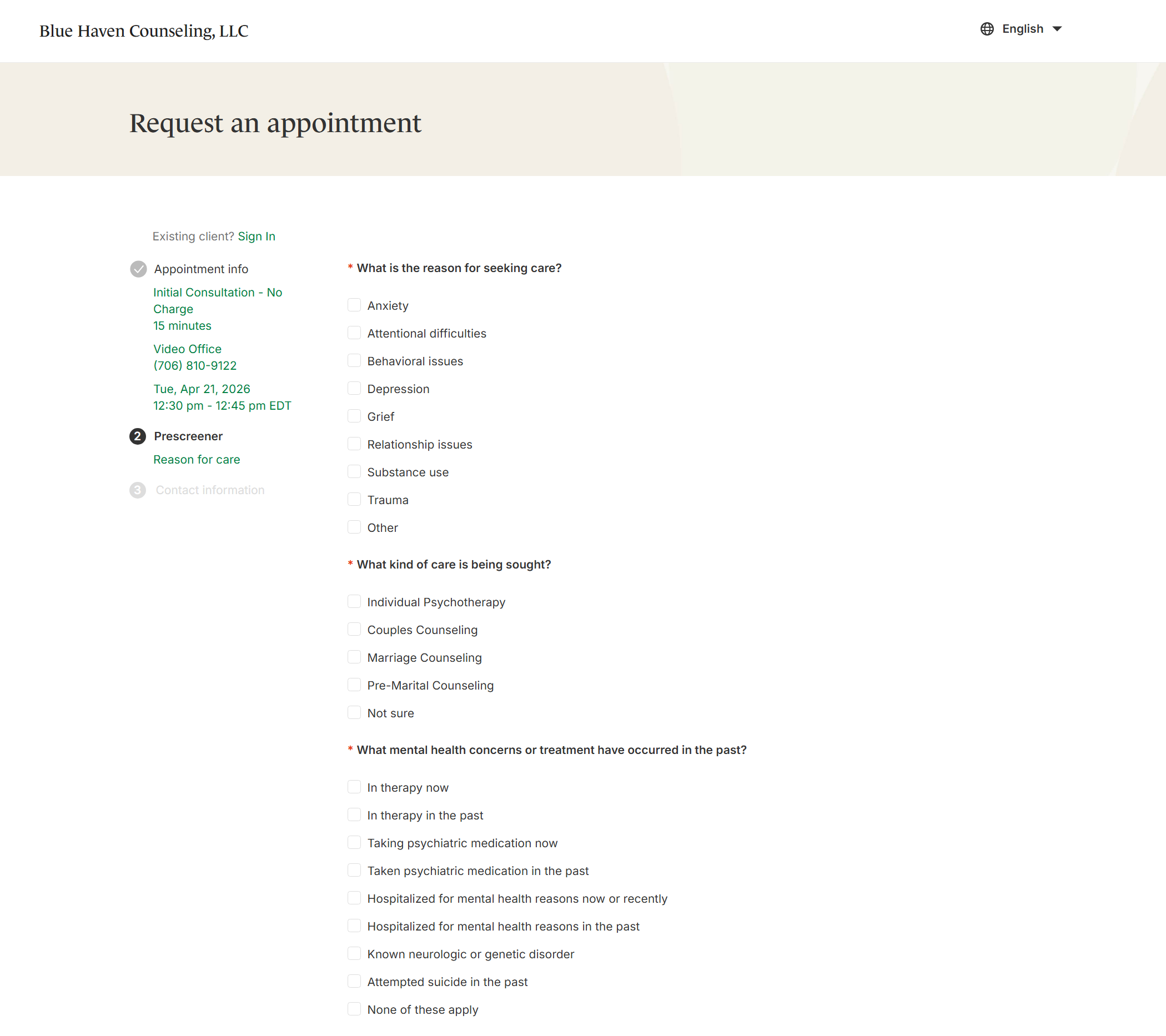 Screen shot of a webpage from Blue Haven Counseling, LLC showing a form for requesting an appointment. The page includes the company's name at the top, a language selector, and form fields for appointment details, reason for seeking care, type of care, and mental health concerns. The form provides checkboxes for various options and specific dates and times for appointments.