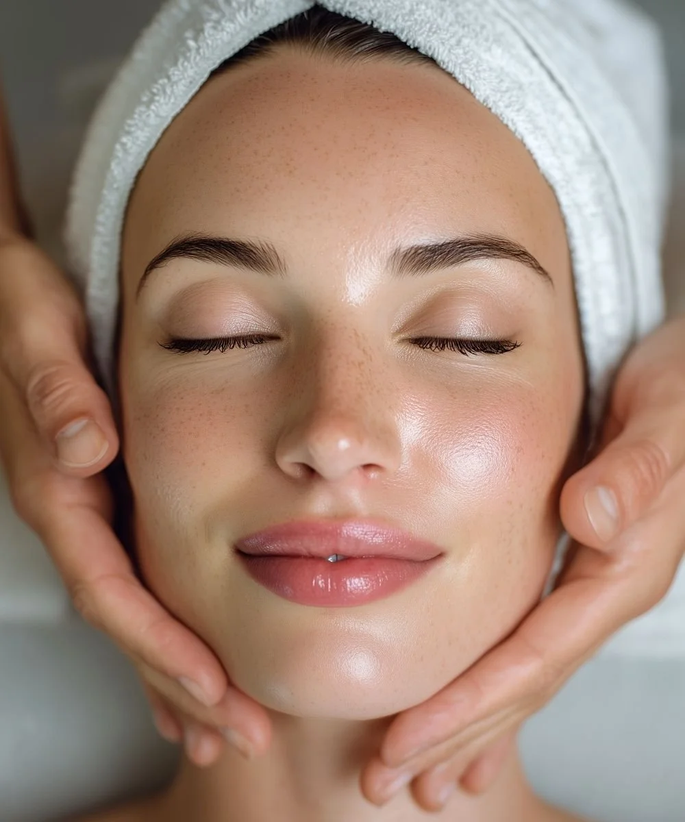 A woman receiving a facial massage, with eyes closed and a white towel wrapped around her head.