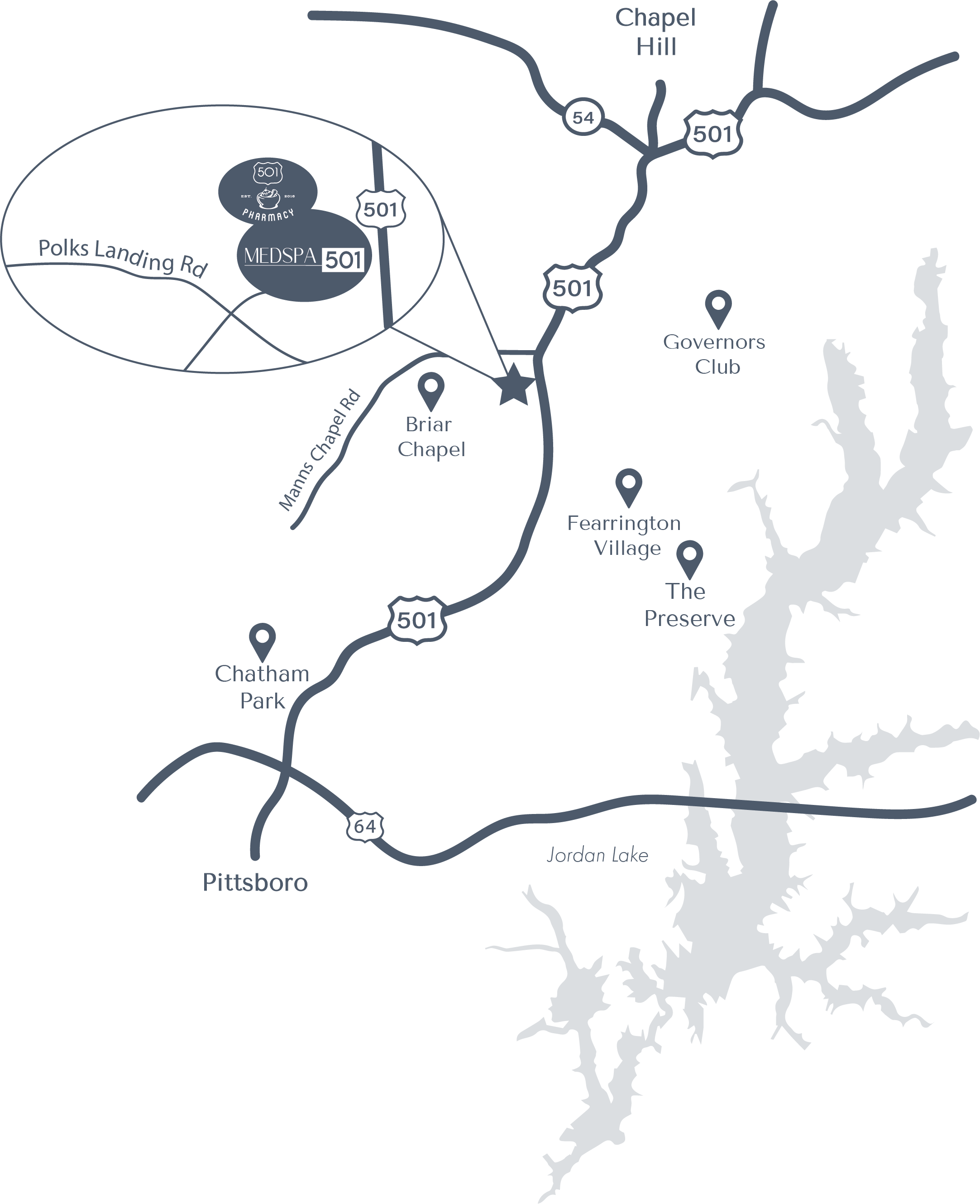 Map showing MedSpa 501 location in Chapel Hill, North Carolina