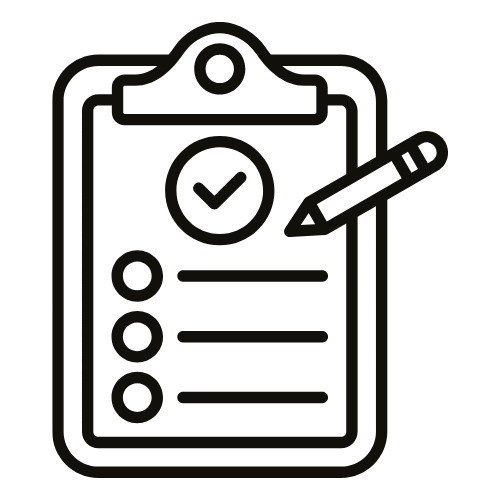 Icon of a clipboard with a checkmark, and a pencil writing on it, representing a form or checklist.
