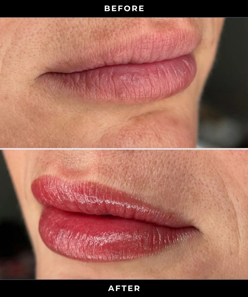 Close-up of lips showing before and after permanent lip makeup, with the "before" image at the top and "after" at the bottom.