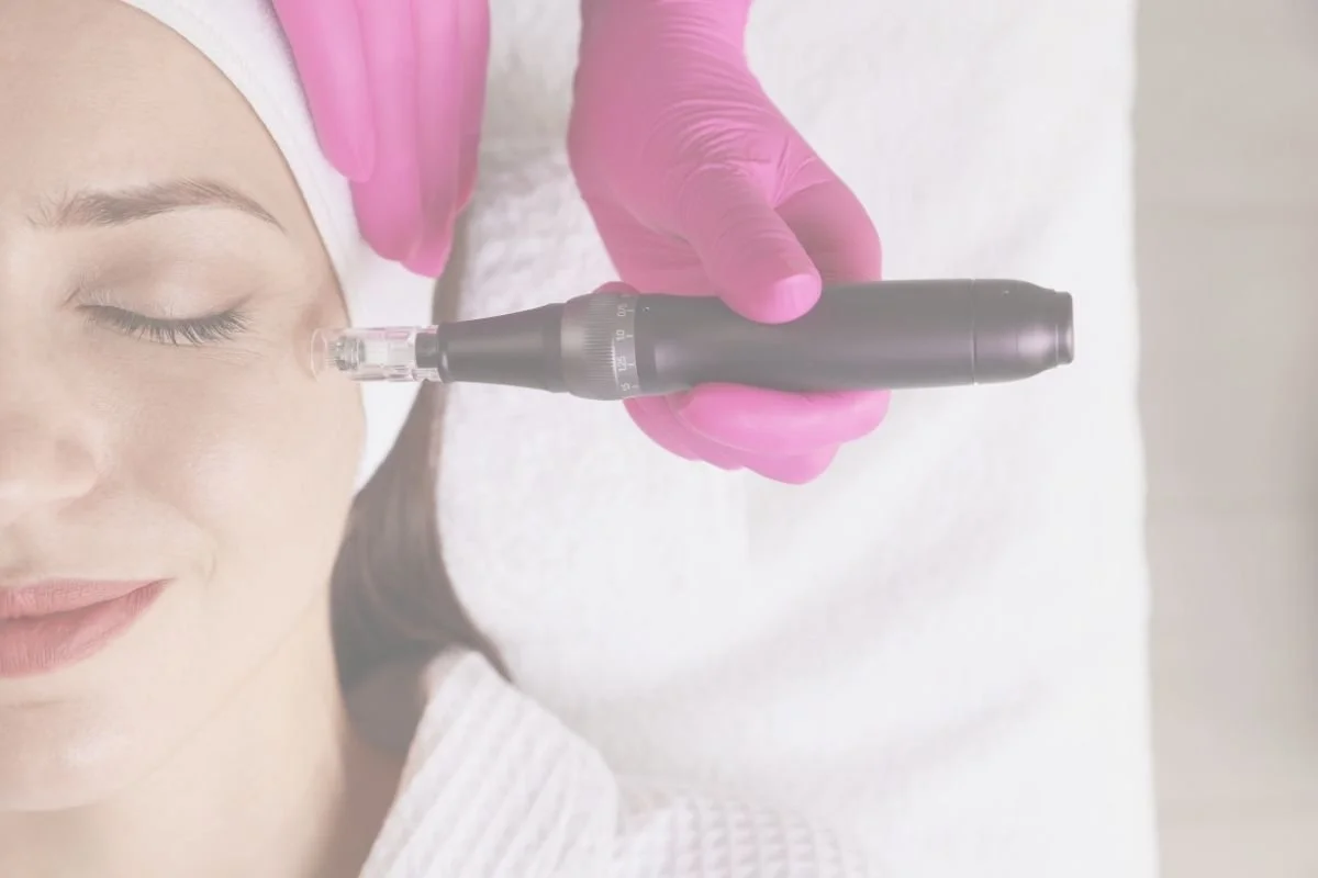 A woman receiving a cosmetic treatment with a handheld device near her eye, wearing pink gloves.