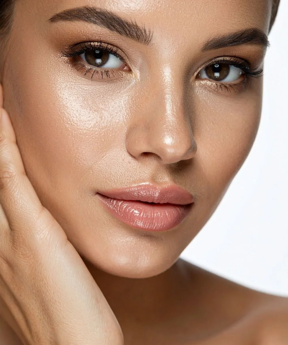 Close-up of a woman's face with flawless skin, brown eyes, and full lips, gently touching her cheek.