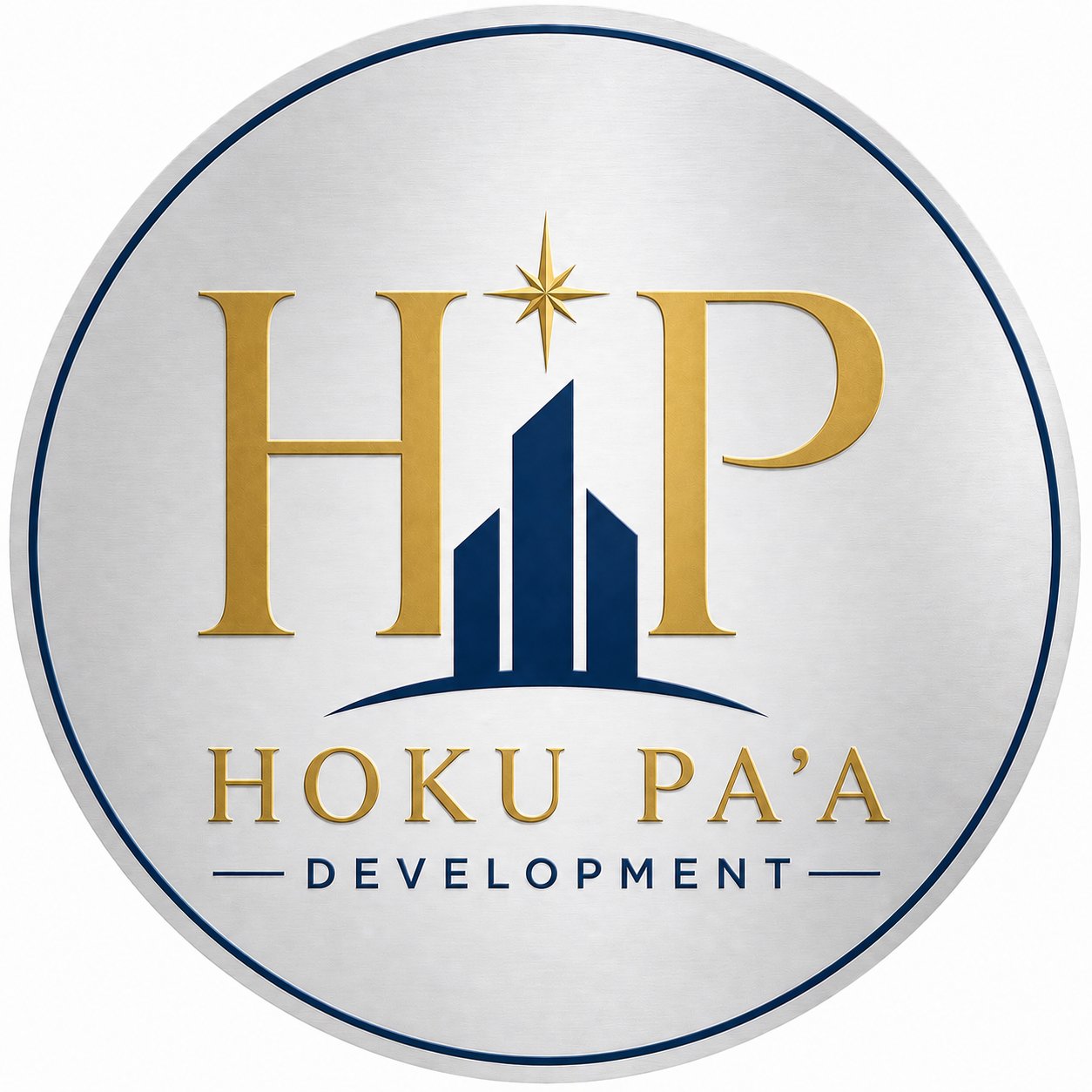 A circular logo with the letters 'H I P' in gold, a stylized blue skyline or building graphic, a gold star or compass at the top, and the words 'HOKU PA'A DEVELOPMENT' in gold and blue at the bottom.