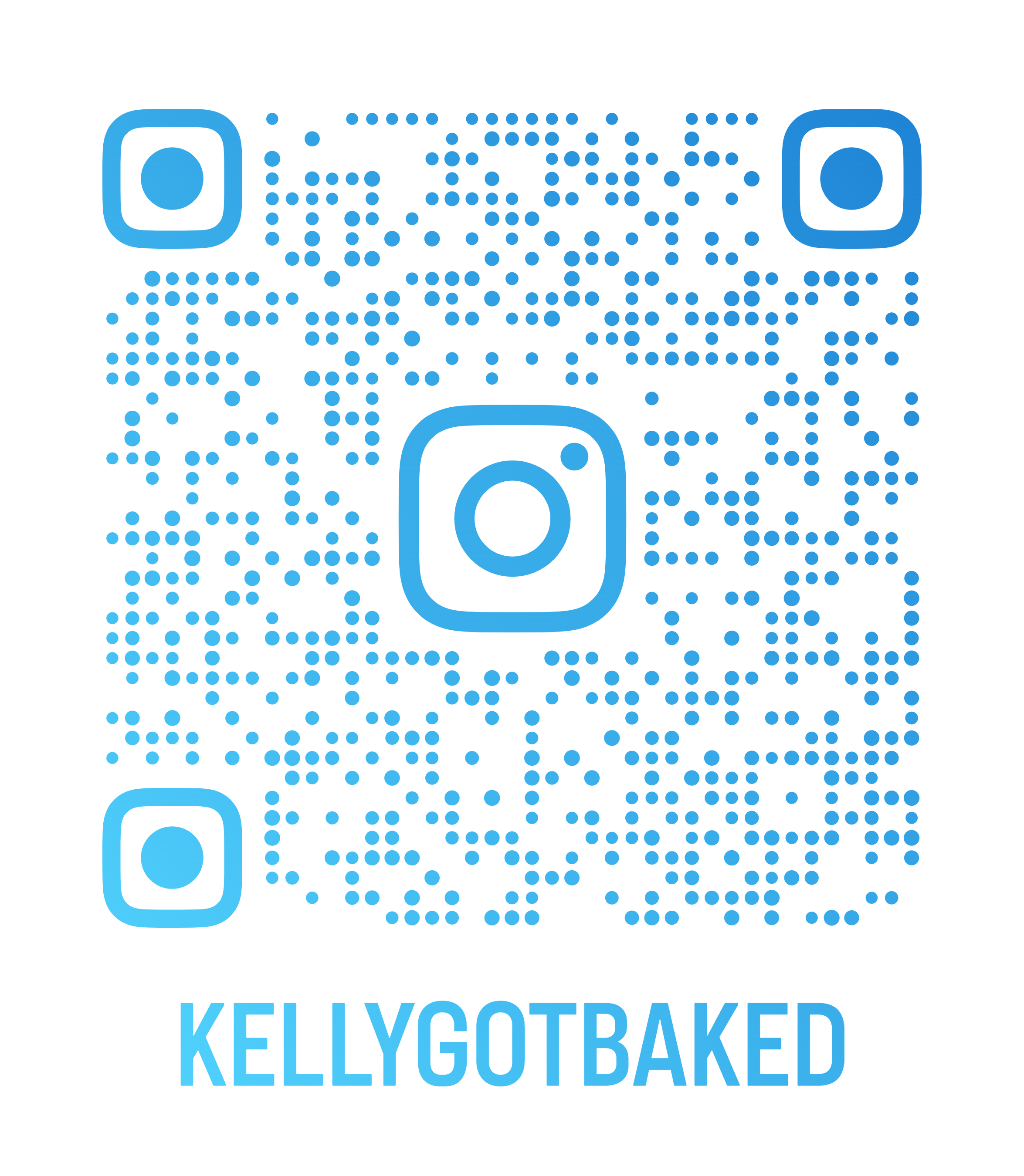 A QR code with blue dots and borders, and the words 'KELLYGOTBAKED' in bold blue letters underneath.