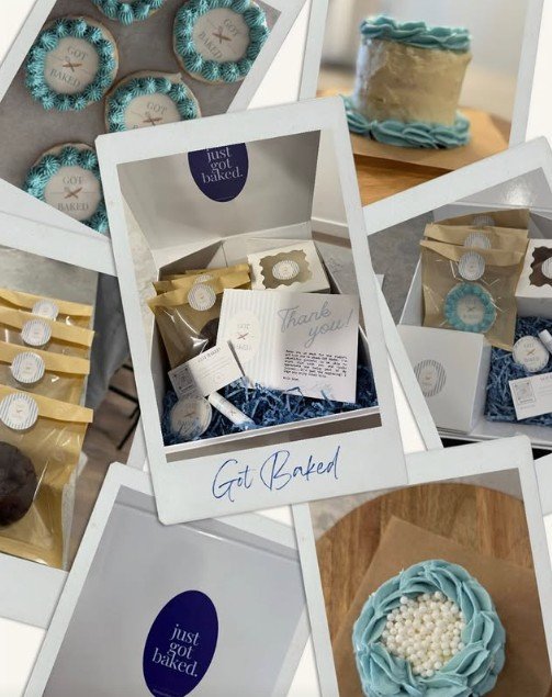 Collage of baking-themed items including decorated cupcakes with blue frosting, packaged baked goods, and a thank you card, all displayed in white boxes and frames.