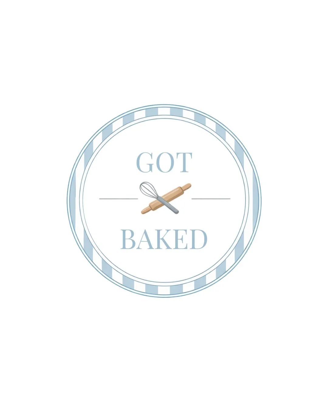 Kitchen-themed logo with the text "GOT BAKED" and image of a rolling pin, whisk, and knife.